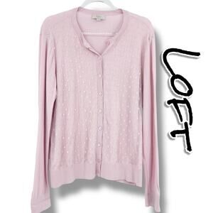 LOFT Pink Silver Swiss Dot Lace Cardigan Button Front Sheer Overlay Womens Sz XL